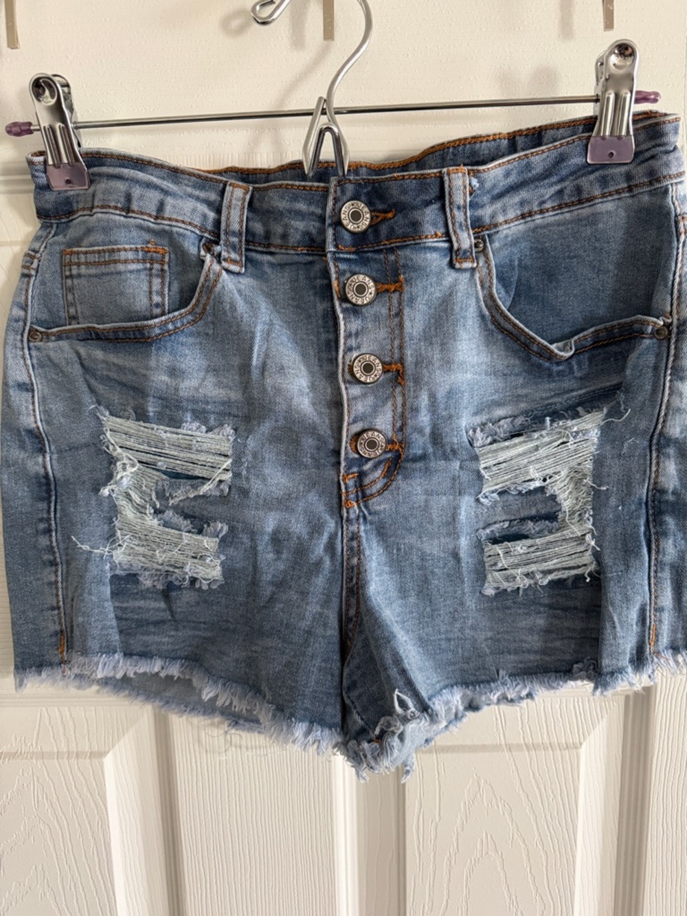 Distressed Denim Shorts - Light Blue